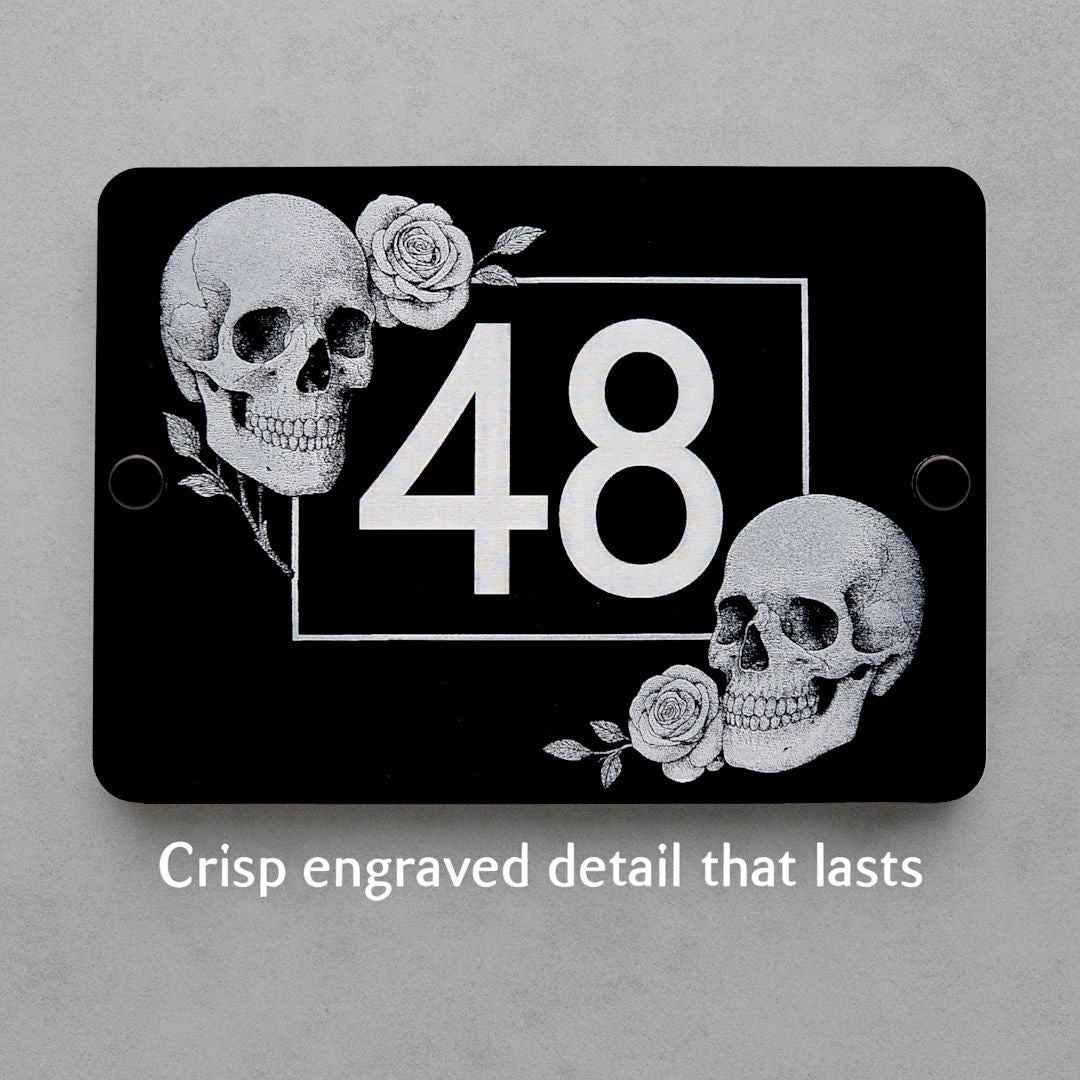 Personalised Skulls and Roses Engraved Black Acrylic House Number Sign