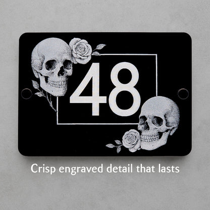 Personalised Skulls and Roses Engraved Black Acrylic House Number Sign