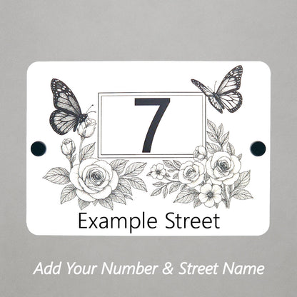Butterfly & Rose Vine House Number Sign – Laser Engraved into White Acrylic