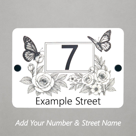 Butterfly & Rose Vine House Number Sign – Laser Engraved into White Acrylic