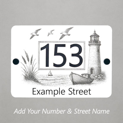 Coastal Lighthouse and Fishing Boat House Number Sign – Laser Engraved into White Acrylic - Now included street name!