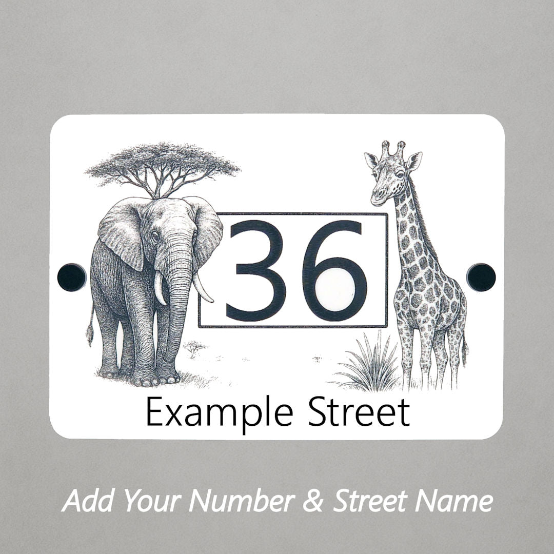 Safari Elephant and Giraffe House Number Sign – Laser Engraved Door Sign in White Acrylic - Street Names now included!