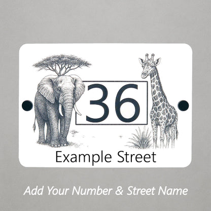 Safari Elephant and Giraffe House Number Sign – Laser Engraved Door Sign in White Acrylic - Street Names now included!