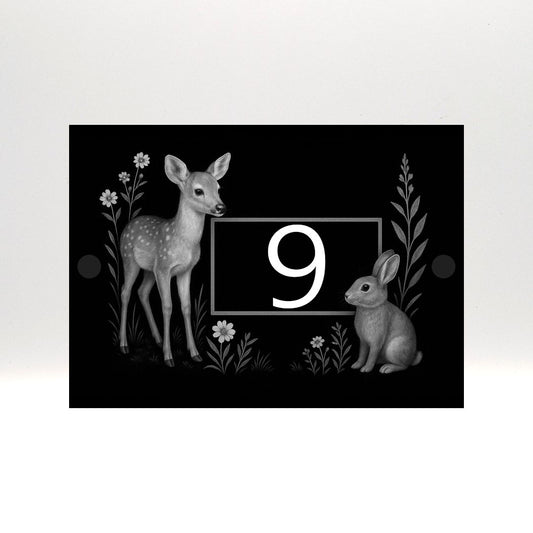 Engraved Woodland Animals House Number Sign with Rabbit & Deer - Black Acrylic with Stand-Offs