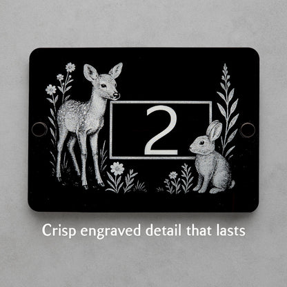 Engraved Woodland Animals House Number Sign with Rabbit & Deer - Black Acrylic with Stand-Offs