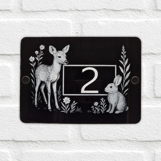Engraved Woodland Animals House Number Sign with Rabbit & Deer - Black Acrylic with Stand-Offs