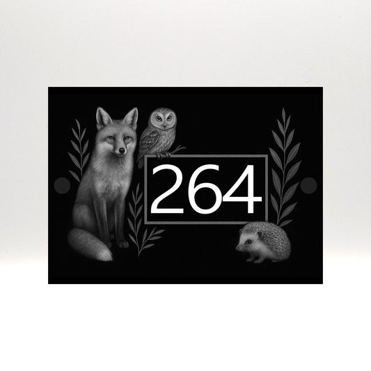 Engraved Woodland Wildlife House Number Sign with Fox, Owl & Hedgehog – Black Acrylic with Stand-Offs