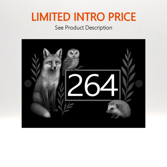 Engraved Woodland Wildlife House Number Sign with Fox, Owl & Hedgehog – Black Acrylic with Stand-Offs