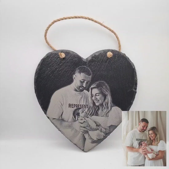 Personalised Laser Engraved Heart Shaped Slate - 24.5 x 24.5cm - Family Photo Video