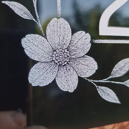 Engraved Elegant Floral House Number Sign with Side Blooms - Black Acrylic with Stand-Offs - VIDEO of panning over door plaque